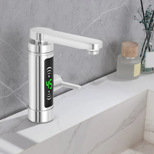 Stainless steel electric instant water heater faucet with waterfall spout on a white sink