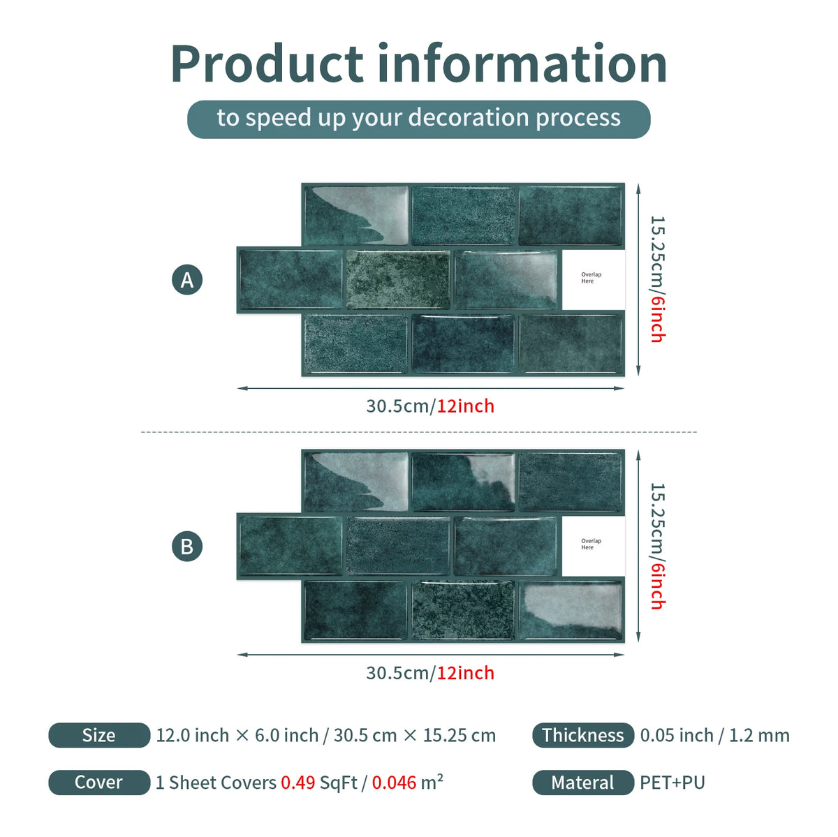 Ceramic tile sticker strip product information card with teal stone texture diagram