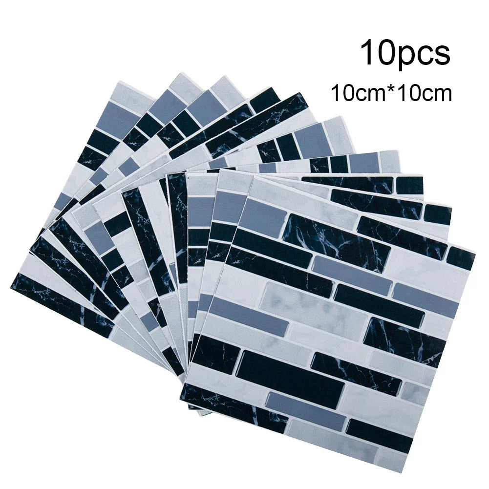 3D mosaic tile wall sticker set, gray and black marbled brick strip tiles
