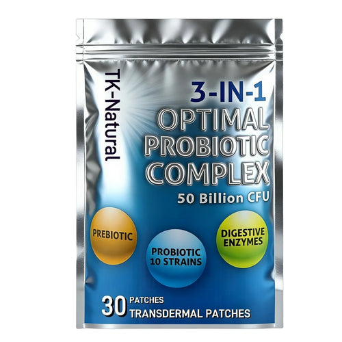 TK-Natural 30-count probiotic transdermal patch for immune support in silver and blue packaging.