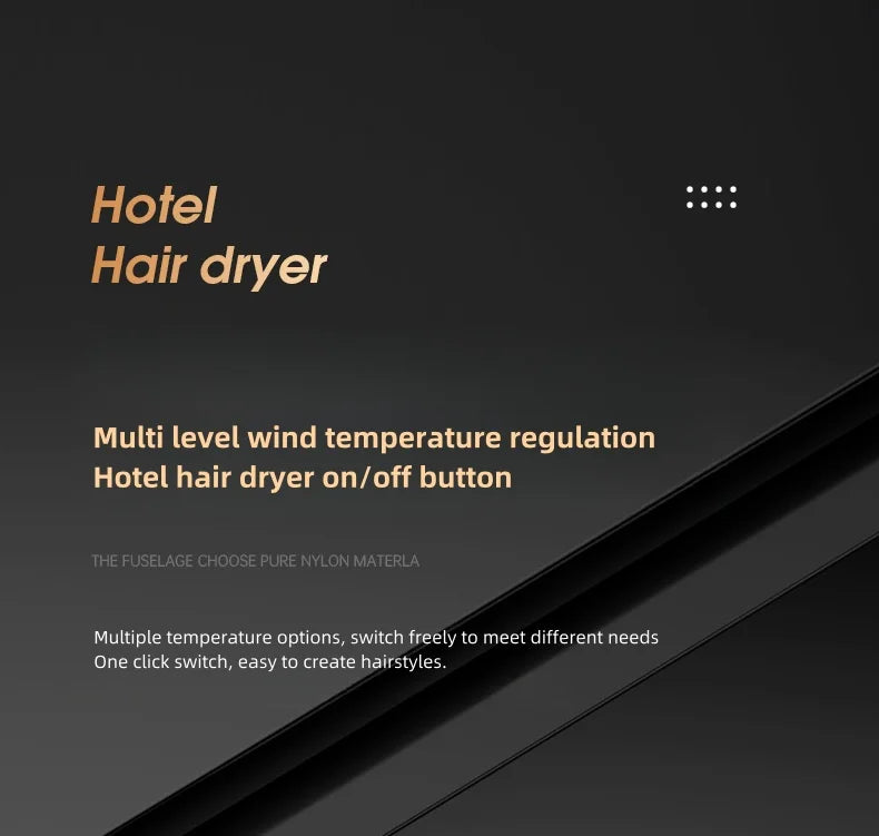 Black wall-mounted 1600W hotel hair dryer with multi-level temperature control and easy on/off button.