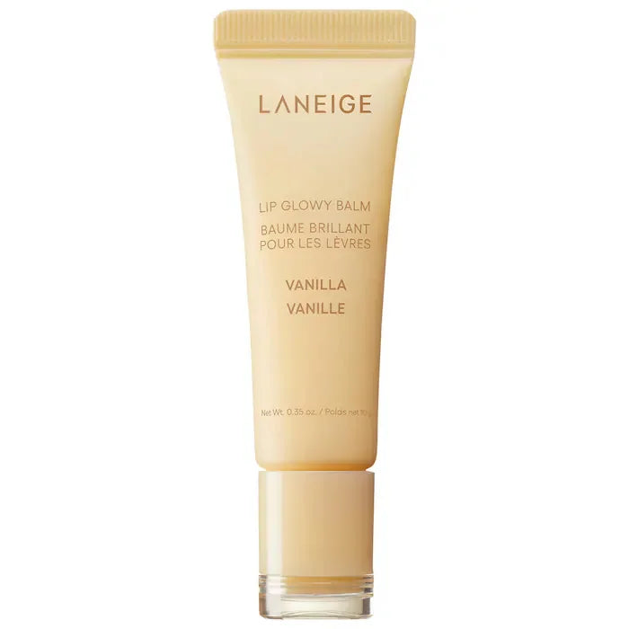 Laneige Lip Glowy Balm in Vanilla: A smoothing, hydrating, and nourishing beige tube lip moisturizer for daily use.