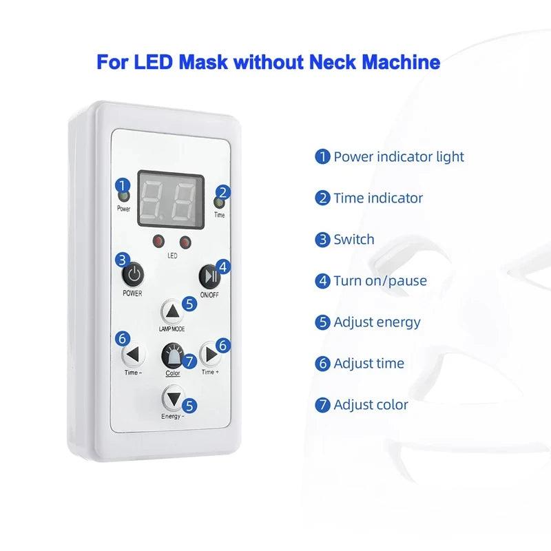 White rectangular control unit for LED light therapy masks with numbered buttons for power, time, energy, and color.