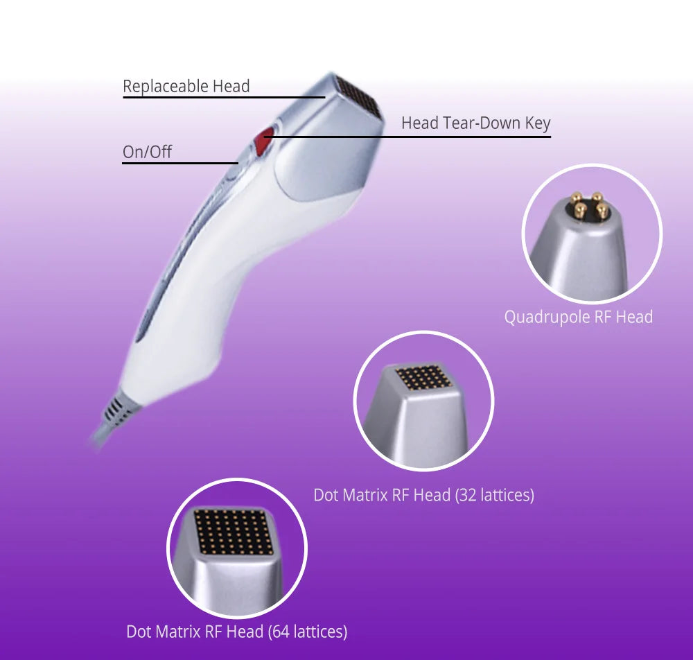 White and silver RF skin tightening device with interchangeable quadrupole and dot matrix heads for facial treatments.