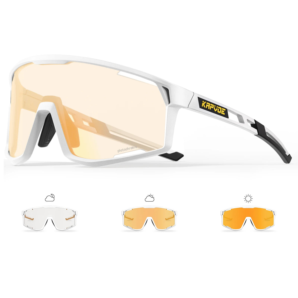KAPVOE photochromic cycling sunglasses with white frame and amber lens.