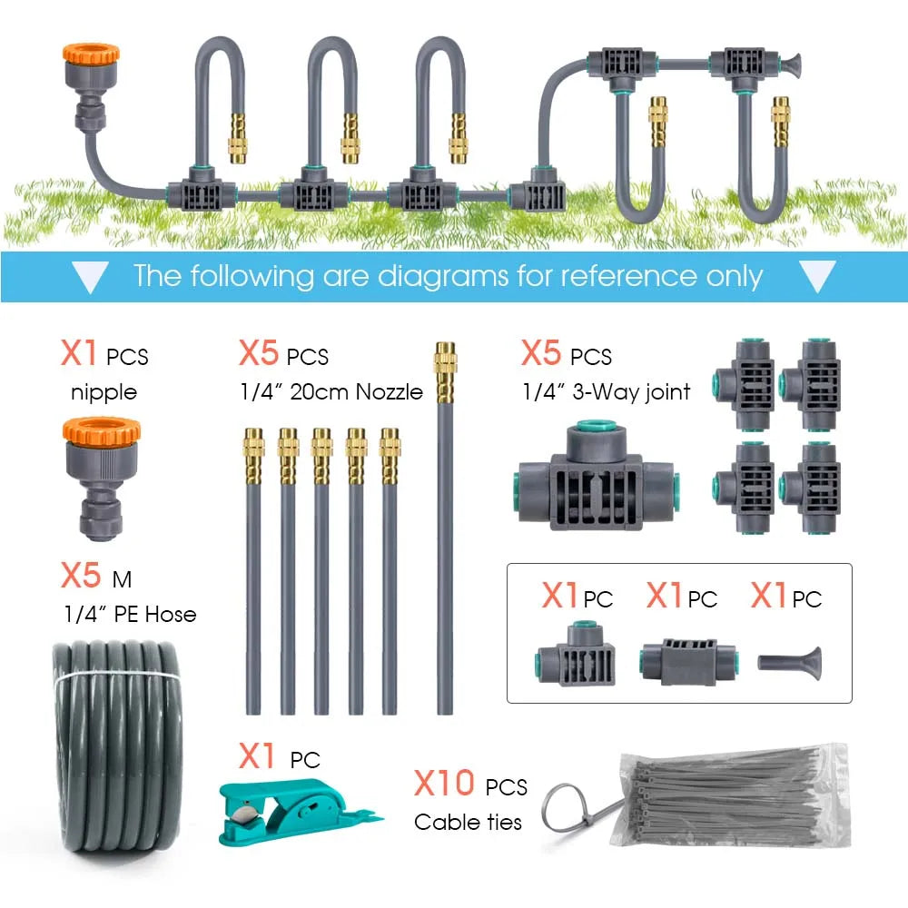 1/4'' Flexible 360° Rotary Adjustment Brass Nozzle Irrigation Set Quick Connection Automatic Atomization Garden Watering System