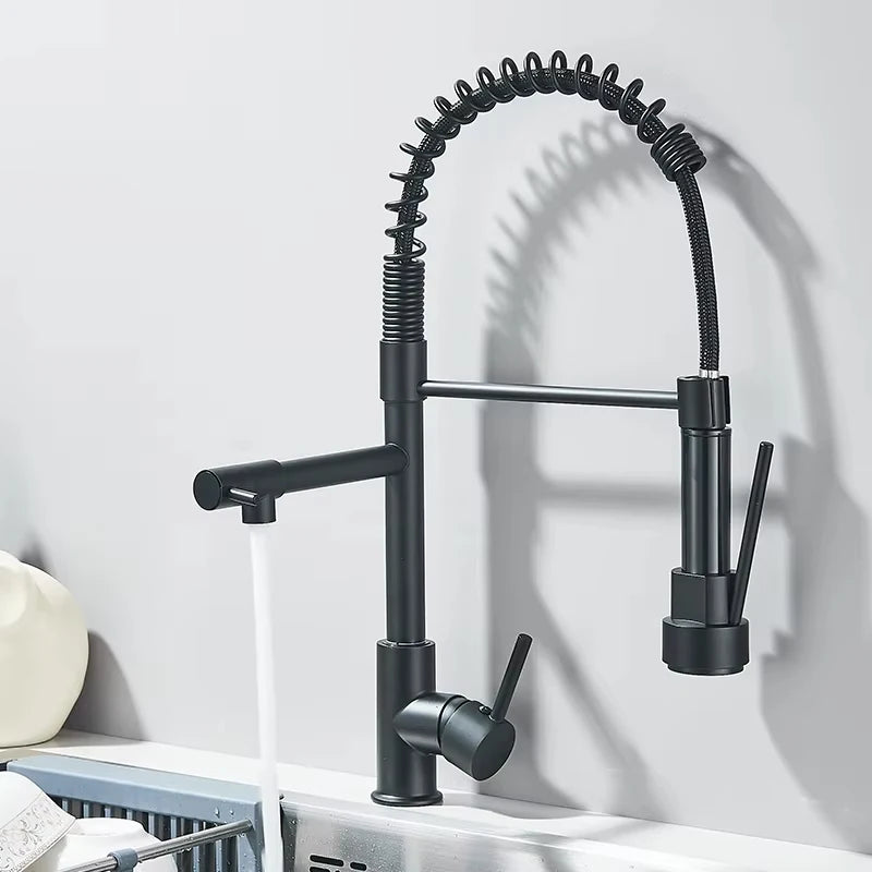 Pull Down Kitchen Sink Faucet Hot Cold Water Mixer Crane Tap with Dual Spout 360 Rotation Deck Mounted