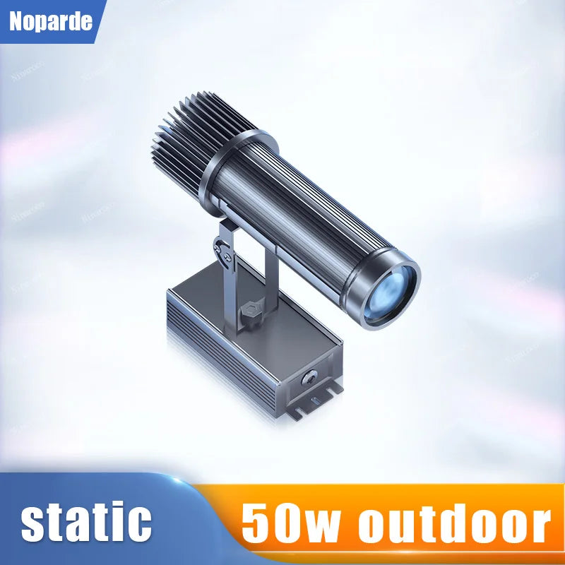 50W outdoor LED logo projector with static spotlight head, finned heat sink, black