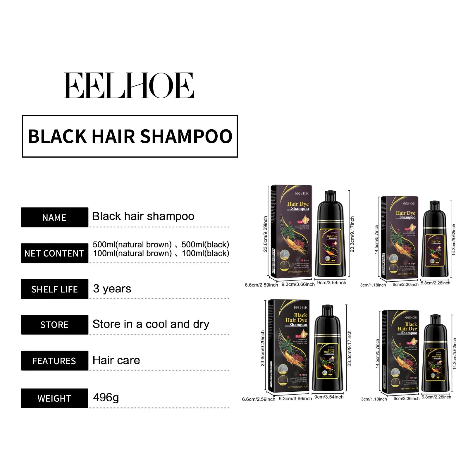 EELHOE White Hair Darkening Shampoo Covers Gray Hair Dye Cleaning Smooth Ginseng 3 in 1 Strengthen Hair Shampoo Color Changing