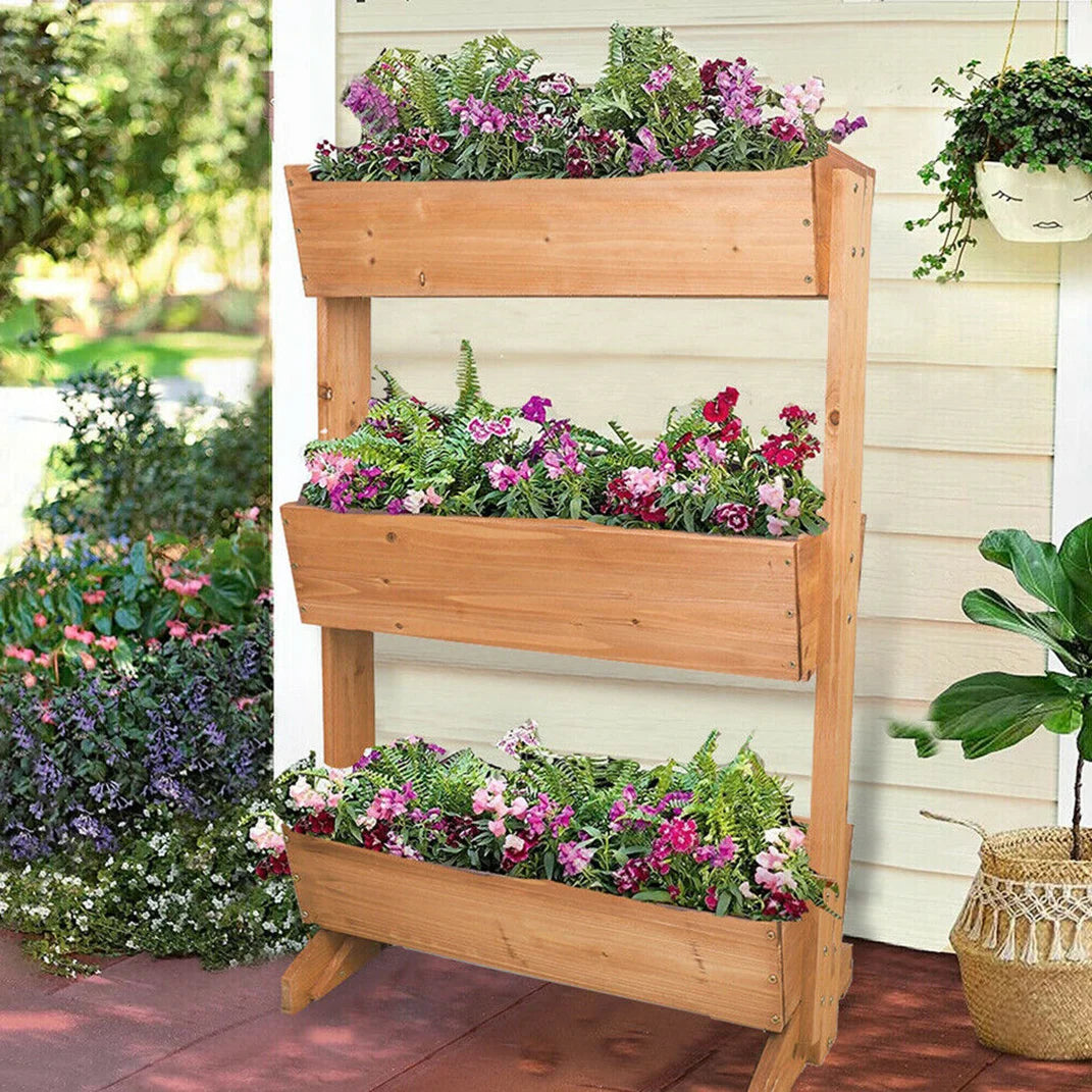 4-tier raised wooden planter box, reddish brown, front view with flower troughs