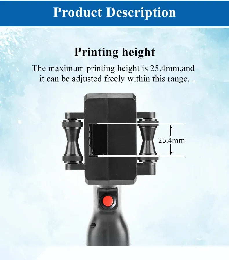 Handheld inkjet printer showing printing height range with 25.4mm measurement