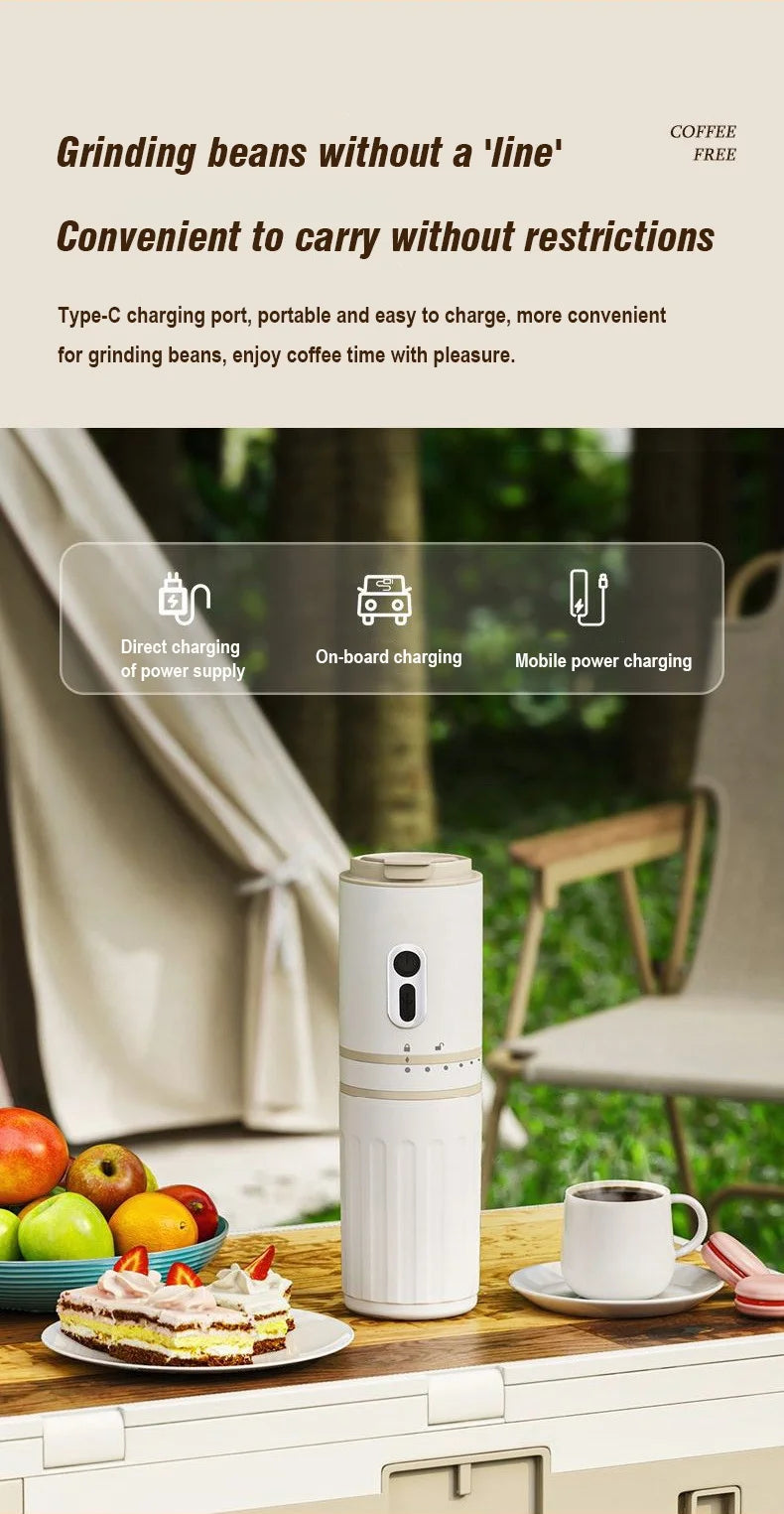 Portable white electric coffee bean grinder with Type-C USB charging, ideal for outdoor camping and travel use.