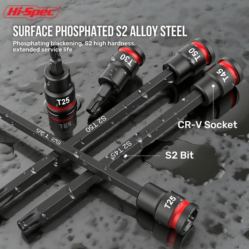 Hi-Spec 3/8 Impact Socket Set Wrench Socket Hex Socket Set S2 Bits & CR-V Sockets Hand Tools Torx Bit Long Socket Colorful Ring