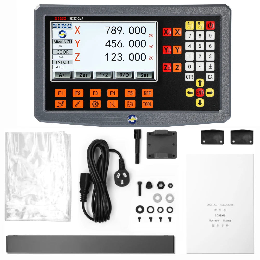 DRO display unit with cables and two linear scales plus accessory mounting parts