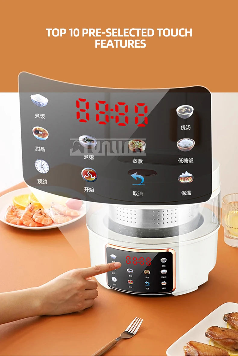White rice cooker with transparent top, red-lit touch control panel, front view