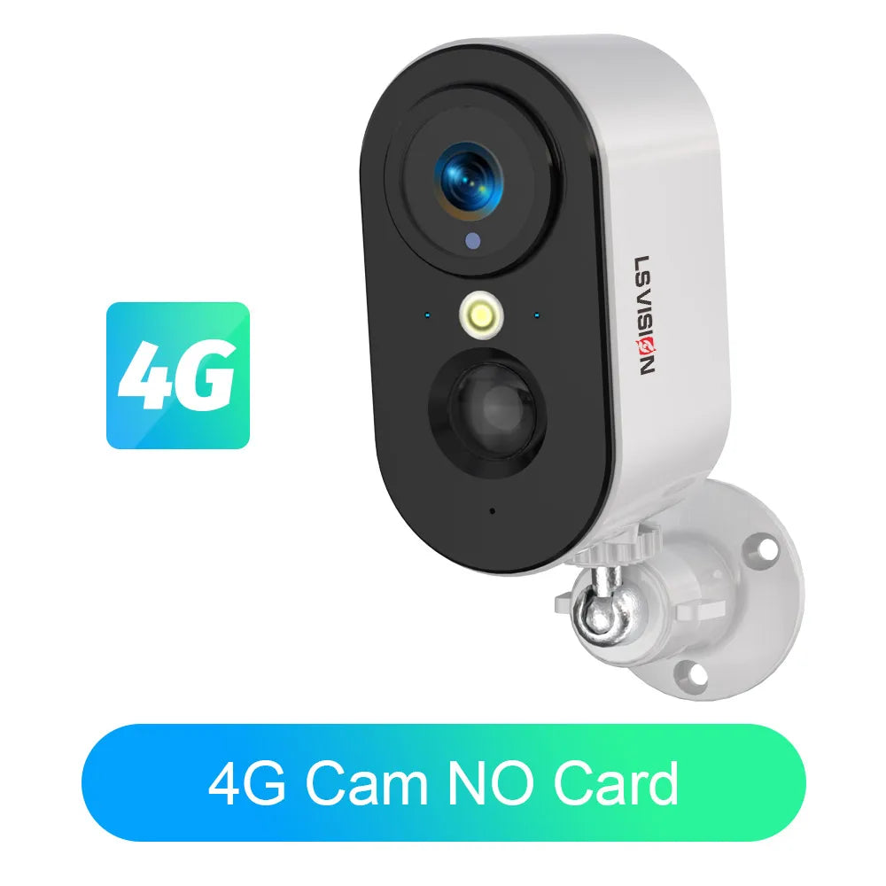 4G wireless PTZ battery camera in white and black with mounting base and dual lenses
