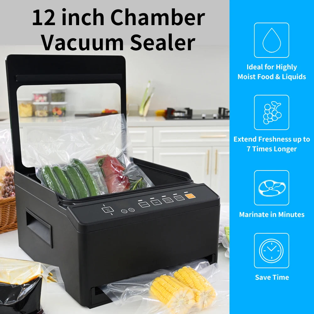 Automatic Chamber Vacuum Sealer Machine, -95Kpa Commercial Food Sealer, 30cm Sealing Width for Dry & Moist Food