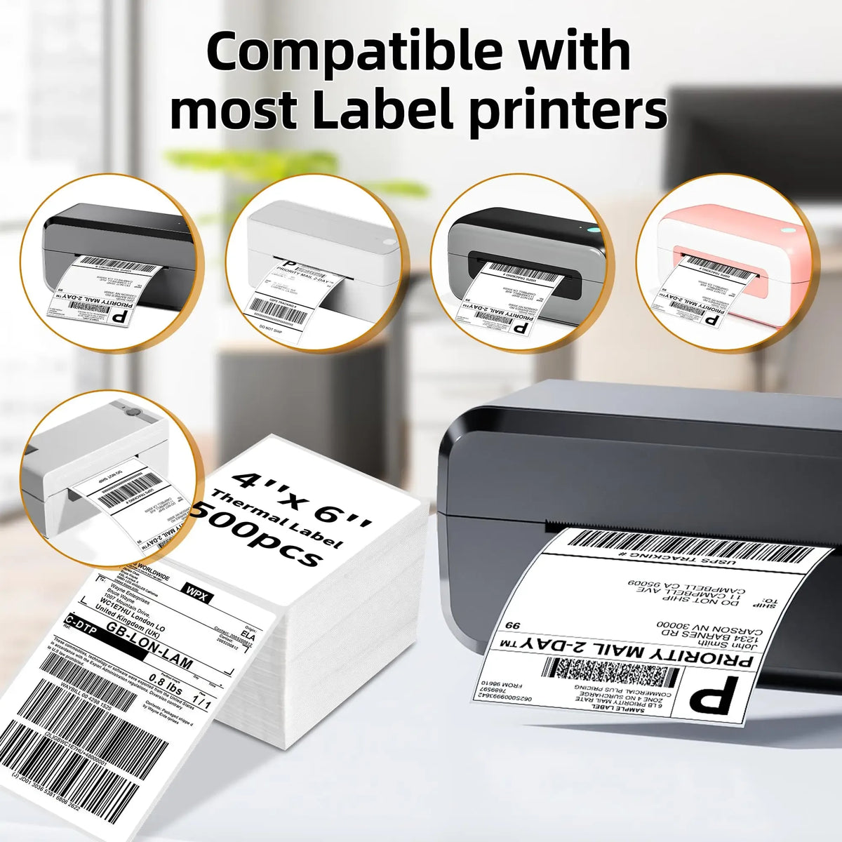 4x6 inch direct thermal shipping label sheets with barcode, adhesive backing