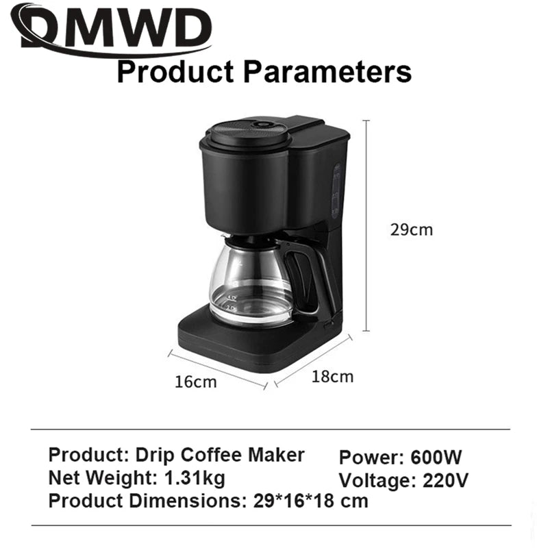 MWD black drip coffee maker with glass carafe, 600W power, and compact 29x16x18cm dimensions.