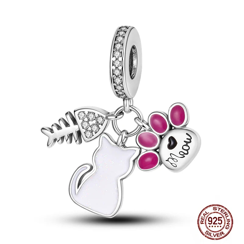 925 sterling silver cat and paw charm pendant with fish bone for DIY pet-themed bracelets and jewelry.