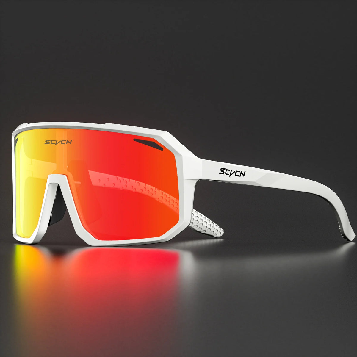 White cycling sunglasses with red mirrored full-screen lens and side arm