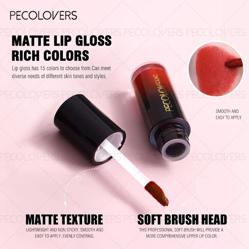 Pecolovers waterproof matte lip gloss in black tube with applicator brush, featuring long-lasting, non-drying formula.