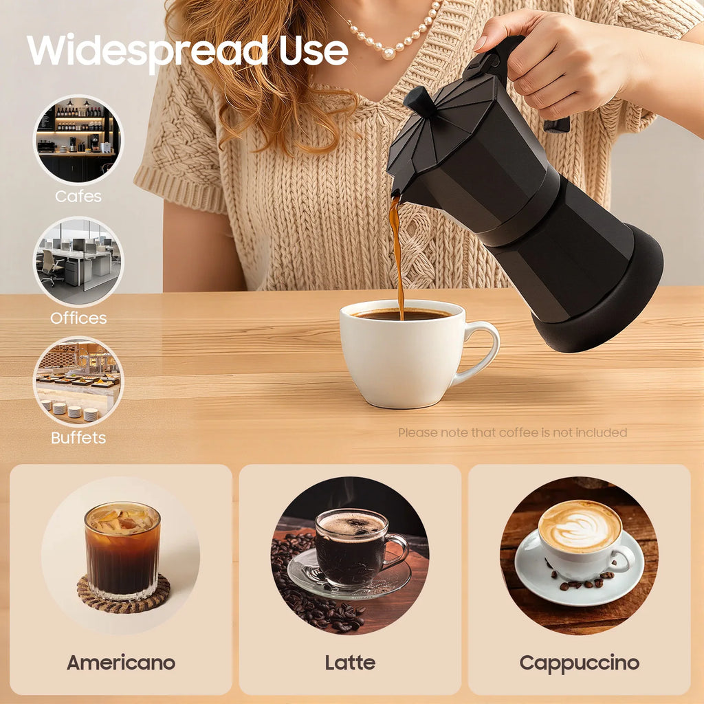 Woman pouring coffee from a matte black aluminum moka pot stovetop espresso maker into a white ceramic cup.