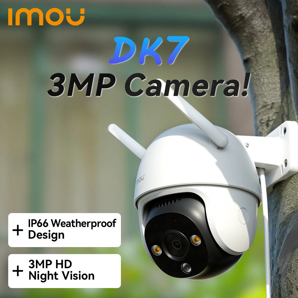 Outdoor Wi‑Fi security camera with white dome housing and two antennas, weatherproof IP66.
