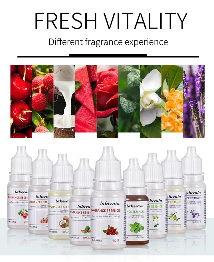 Lakerain 10ml DIY lip gloss fragrance oil set with fruit and floral essences in clear dropper bottles for cosmetics.