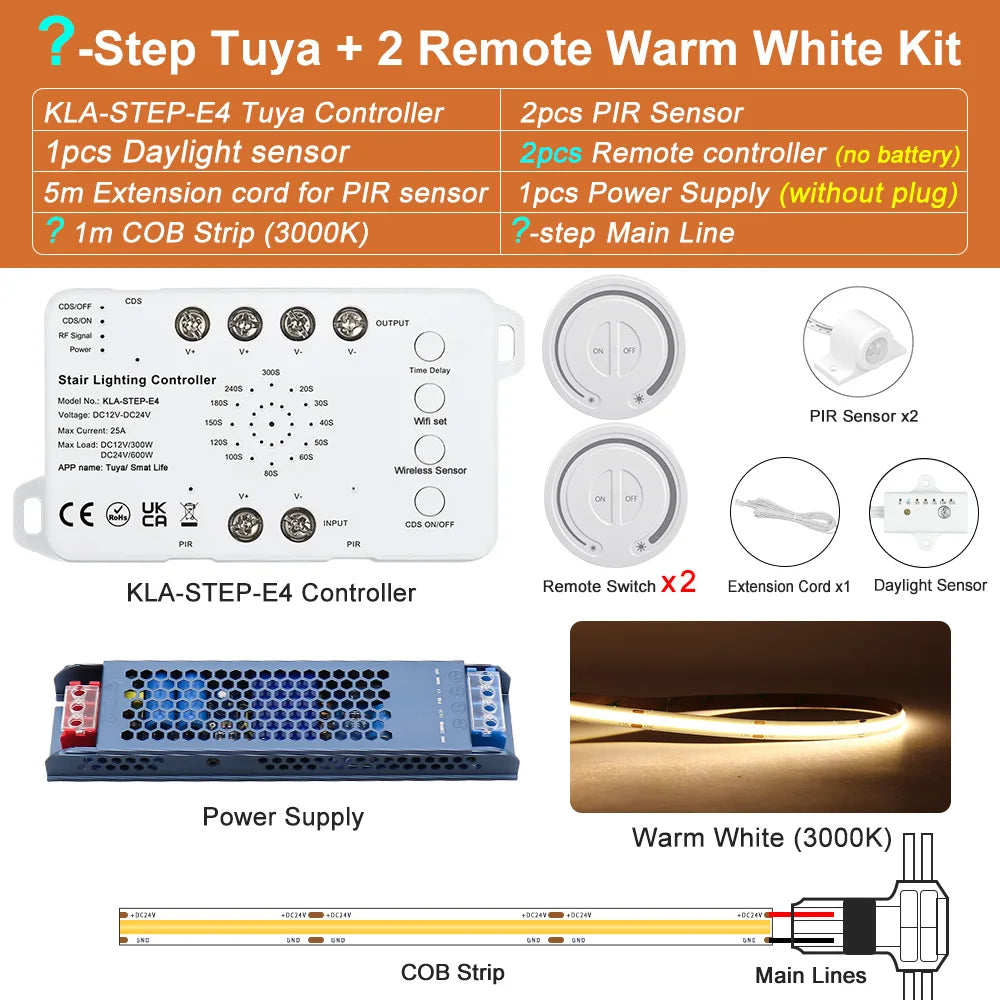 Warm white Tuya staircase light kit contents: controller, PIR sensors, remote, power