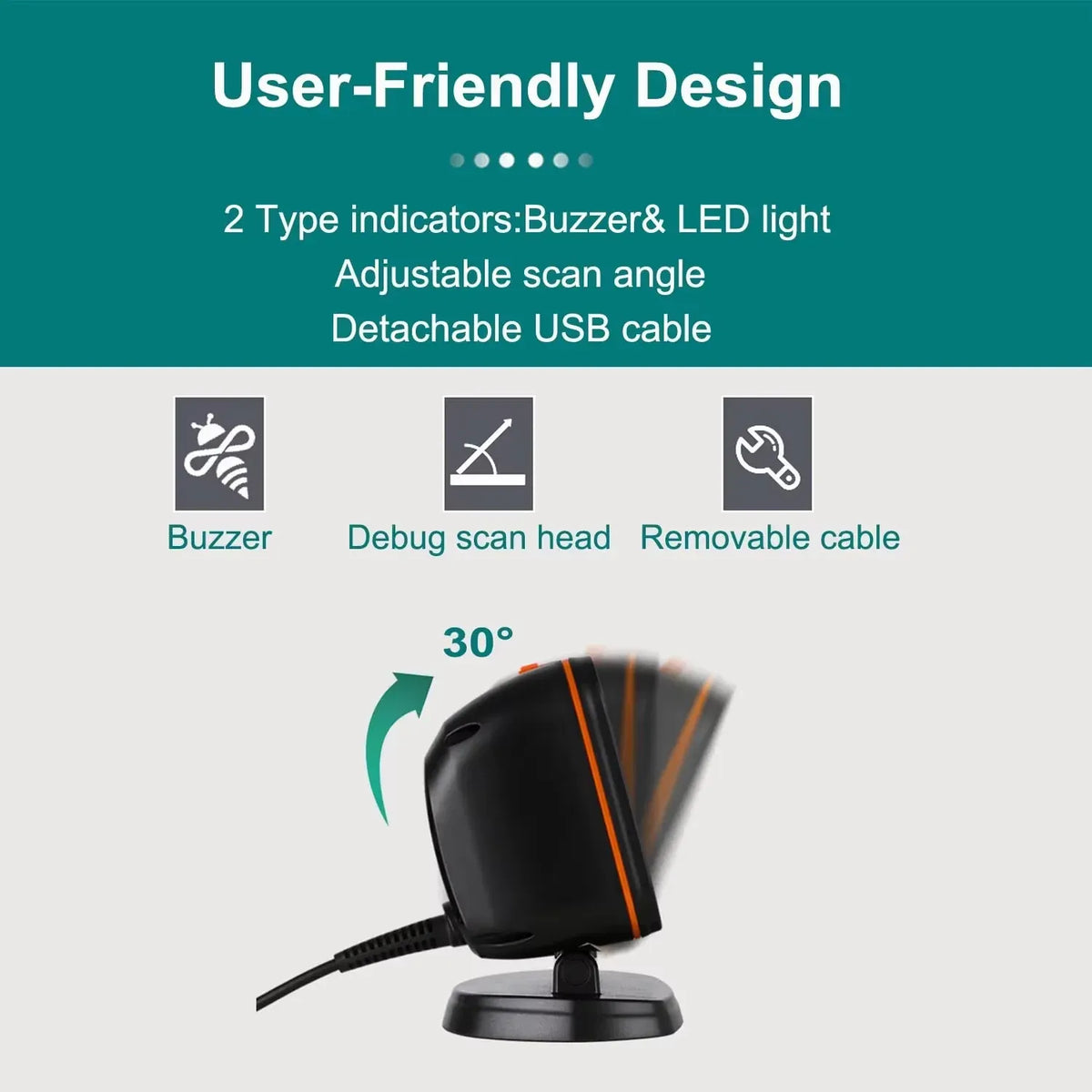 Desktop barcode scanner with adjustable scan angle and indicator lights