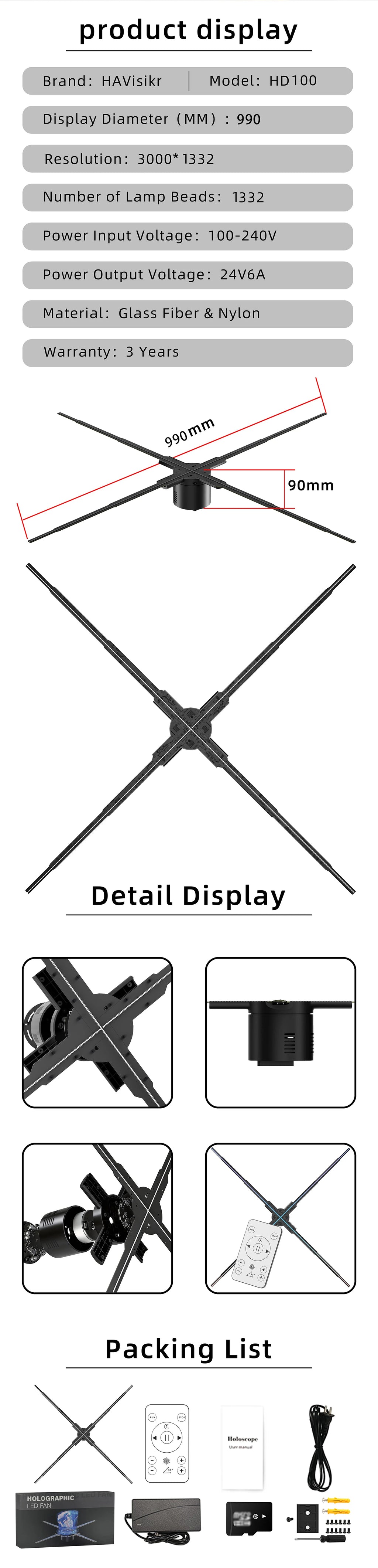 Ultra HD Naked Eye 3D Holographic Fan 100cm Shop Bar Commercial Advertising Light Support Wireless Upload Video Cloud Controll