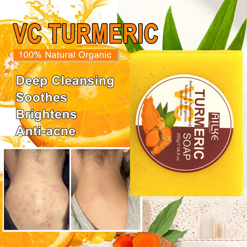 Anti-inflammatory turmeric soap bar, 200g, bright yellow packaging for deep cleansing and anti-acne skincare.