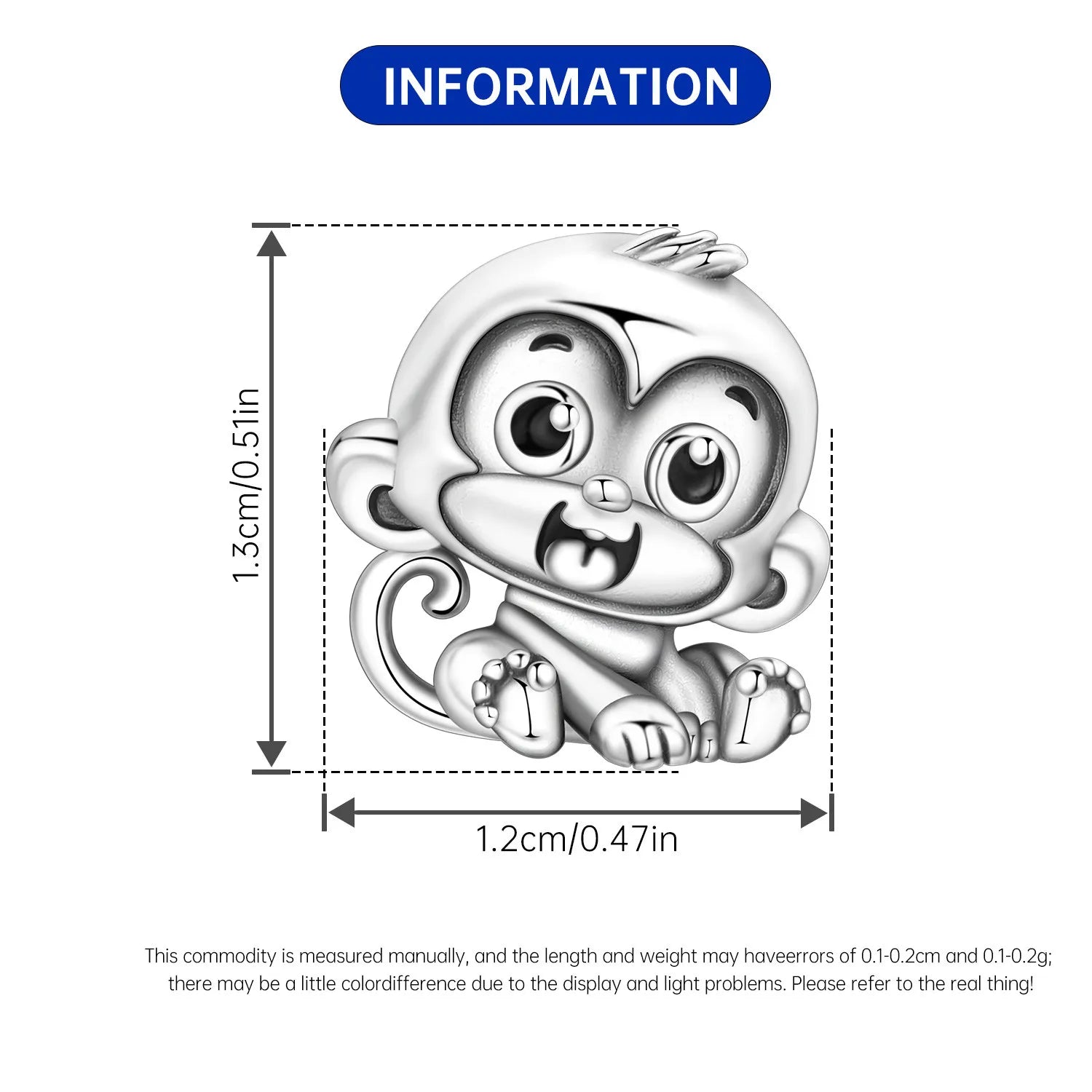 Cute sterling silver monkey charm bead for DIY pet-themed bracelets. 1.3cm x 1.2cm trendy jewelry gift.