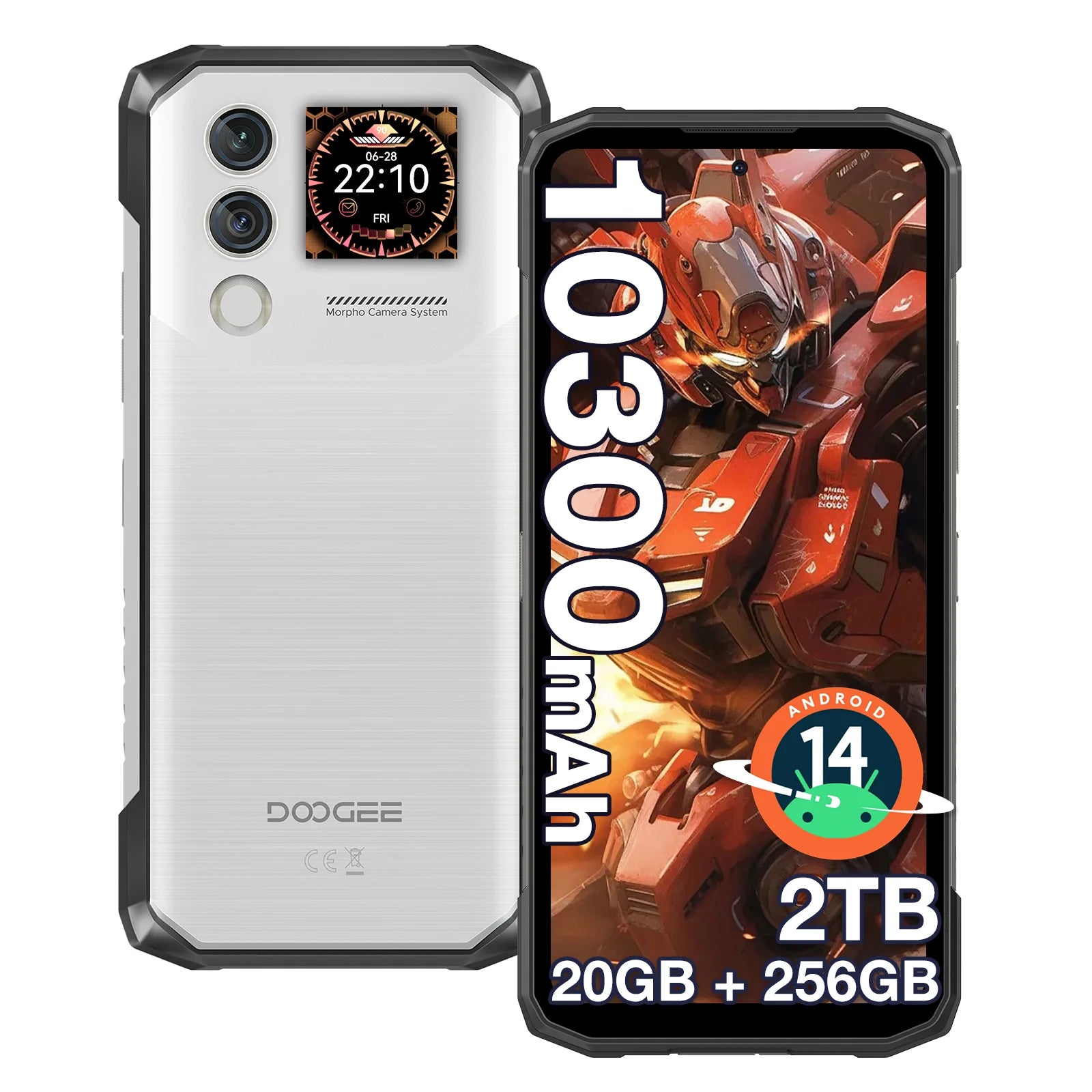 DOOGEE Blade10 Max silver rugged phone with rear display, 50MP AI camera, 10300mAh battery, and 6.56-inch 90Hz screen.