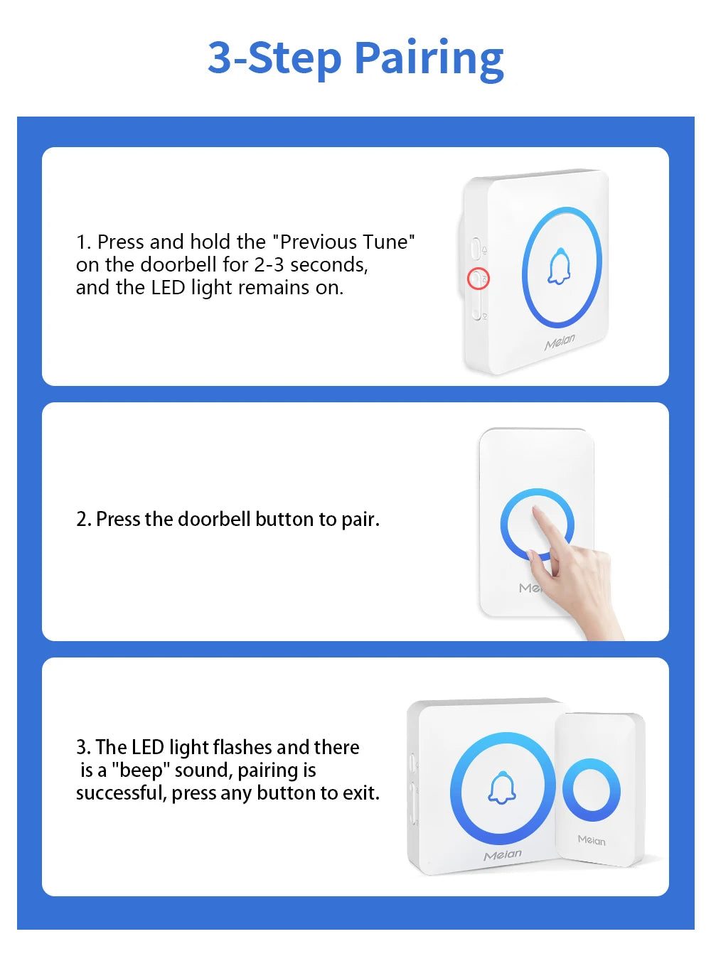 Meian Smart Home Doorbell Wireless Security Doorbell IP65 Waterproof Outdoor Door Bell 60 Songs 5 Volume Adjustable Chime Kit