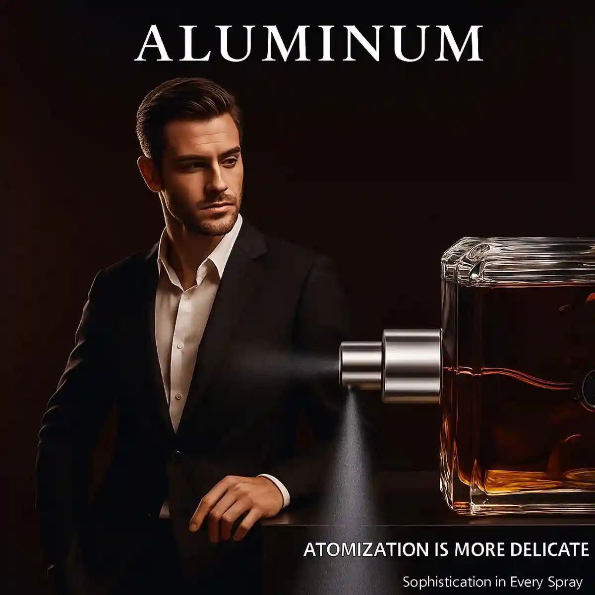 JEAN MISS Aluminum EDT for men. Luxury 100ml woody fragrance in a square glass bottle with metallic spray nozzle.