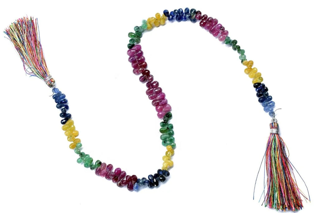 Multi-color faceted drop bead strand necklace with tassel, 4x6mm beads