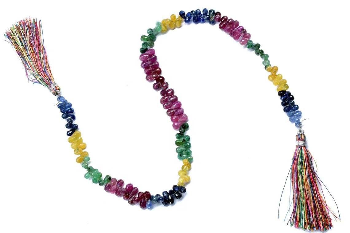 Multi-color faceted drop bead strand with tassel, 4x6mm beads