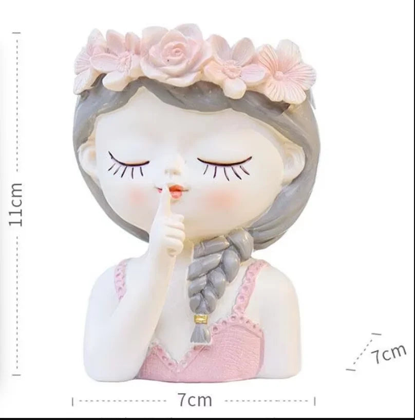 Desktop fairy flowerpot ornament planter figurine with flower headband, grey hair, pink dress