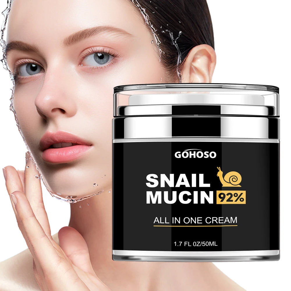 Gohoso Snail Mucin 92% All In One Cream in a black jar with a silver lid next to a woman with dewy, hydrated skin.