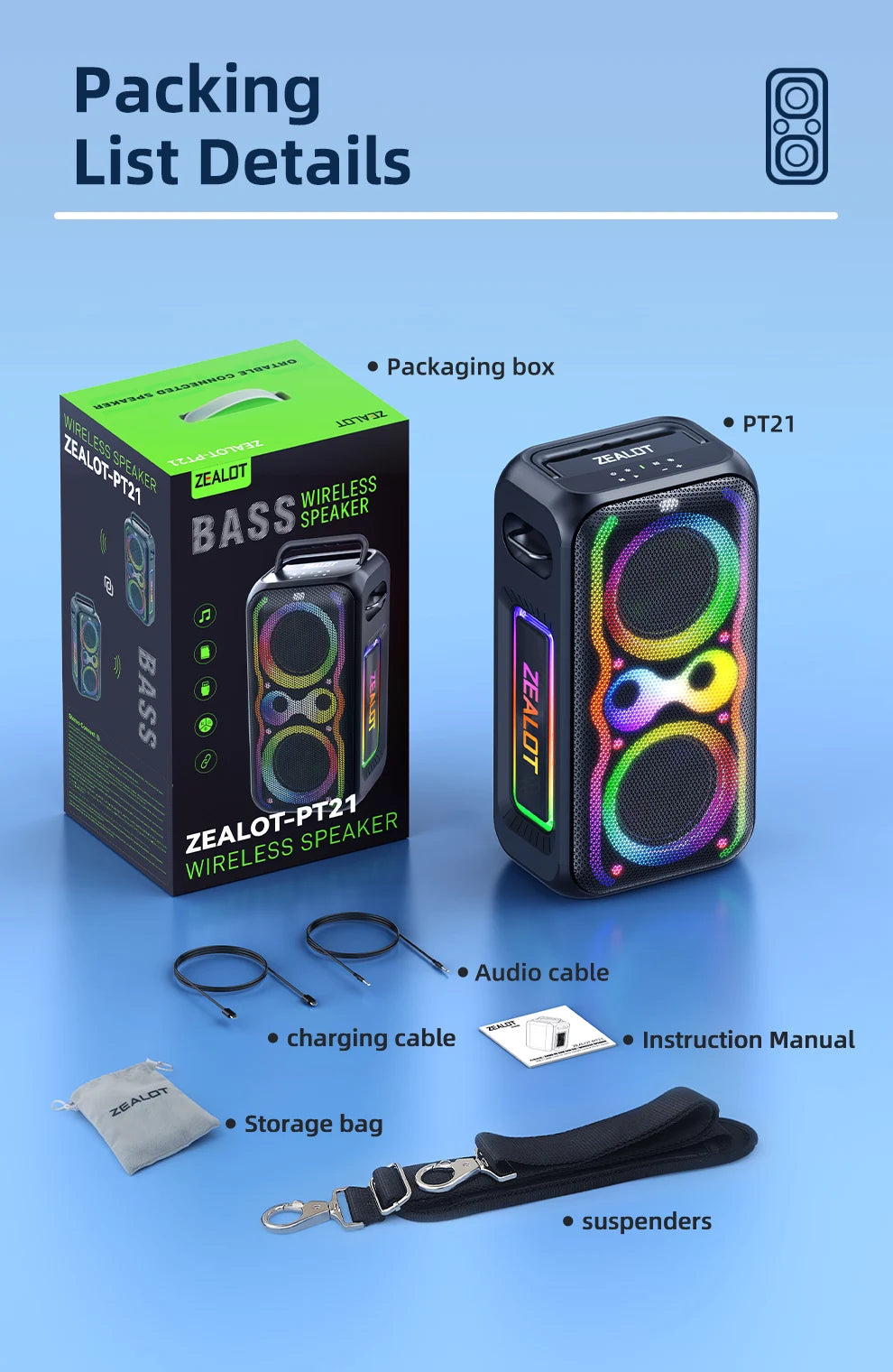 Zealot-PT21 Large Portable Bluetooth Speaker Loudest，200W Deep Bass, V5.3 Big Party Boombox Wireless Speaker For Camping Hiking