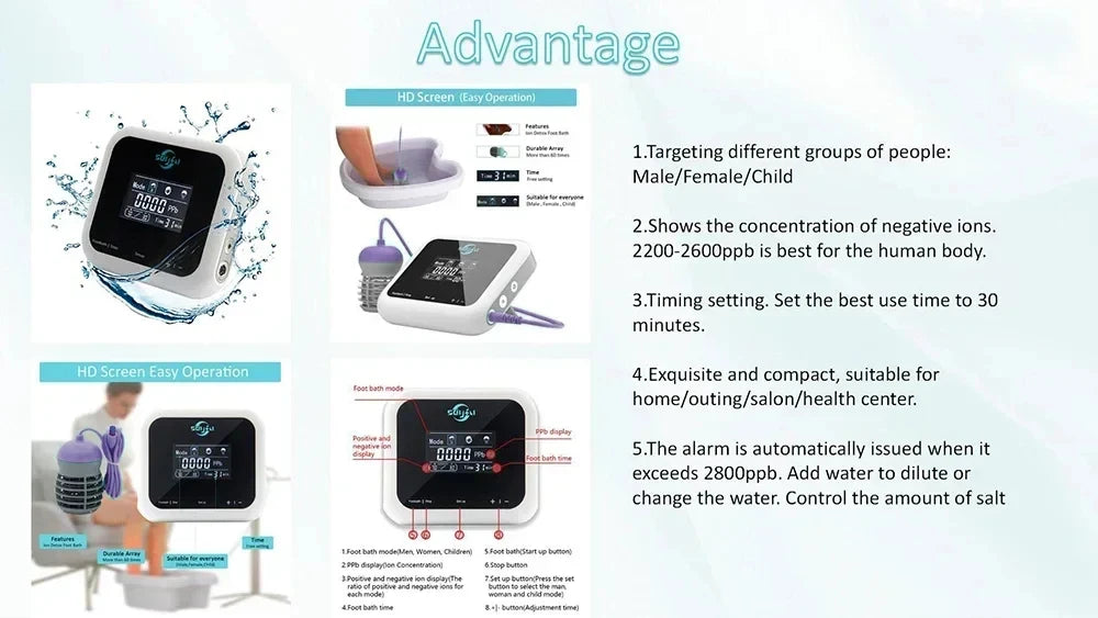 Ionic foot bath detox machine with touch display, aqua ion cleanse array, and compact spa design for home immunity.