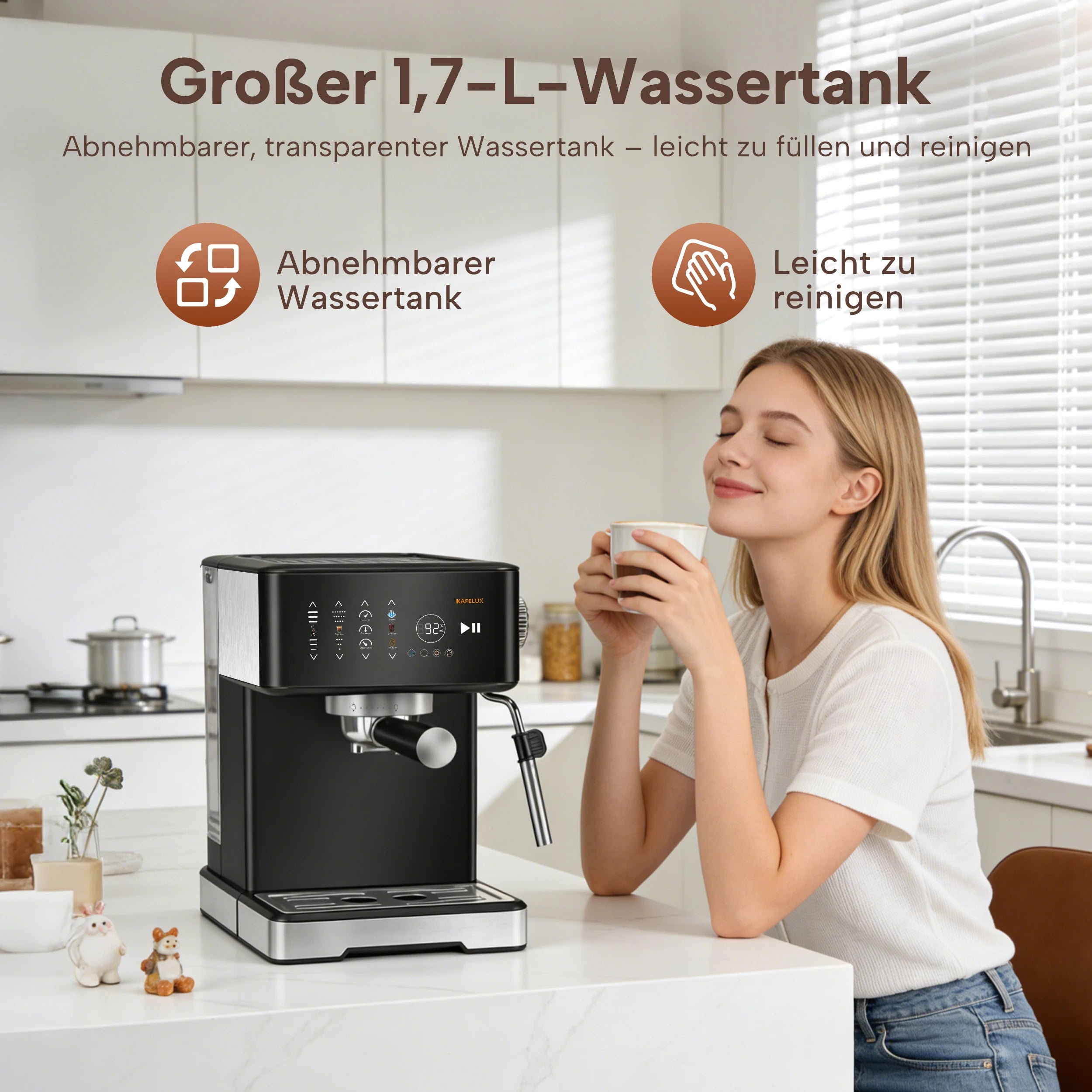 Kafelux black espresso coffee machine with 1.7L removable water tank and digital display in a modern kitchen.