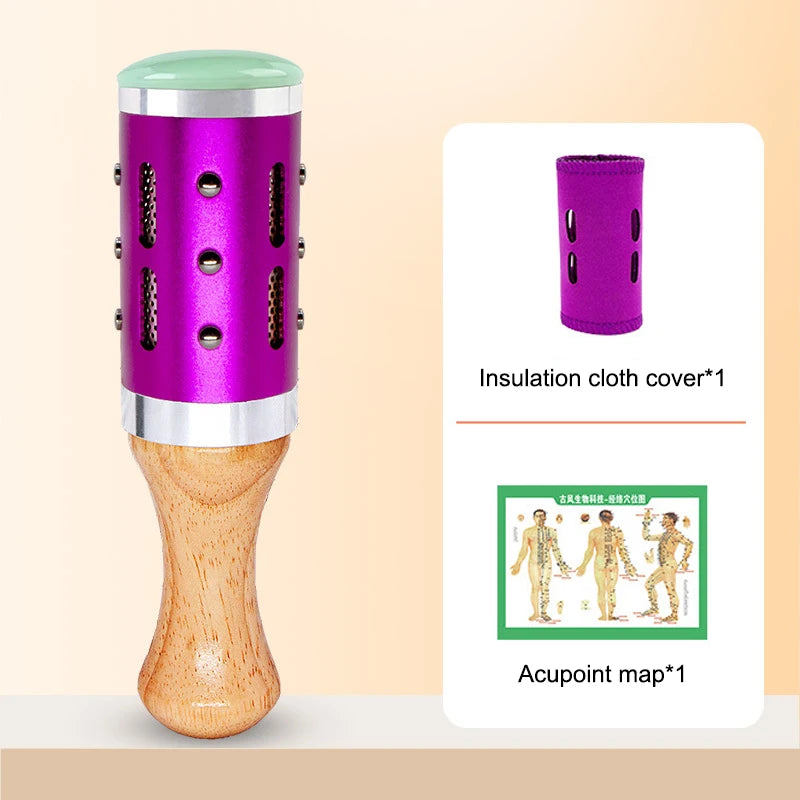 Purple and jade facial massage device for hot compress and moxibustion therapy with cloth cover and acupoint map.