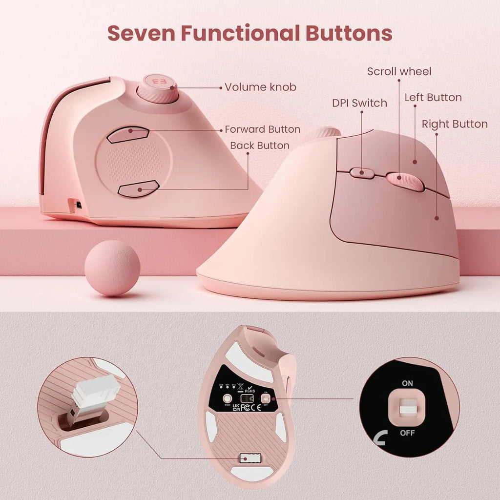 Seenda Ergonomic Bluetooth Wireless Mouse with Volume knob Quiet clicks Rechargeable Vertical USB Mouse for Mac Windows PC