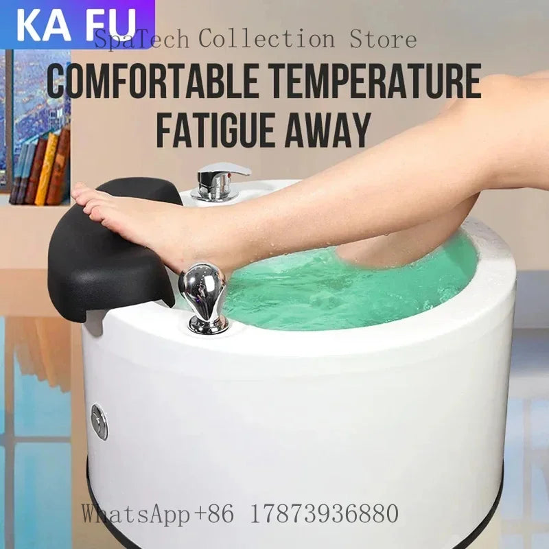 Hydro-massage foot spa with black headrest and chrome jets, warm green water