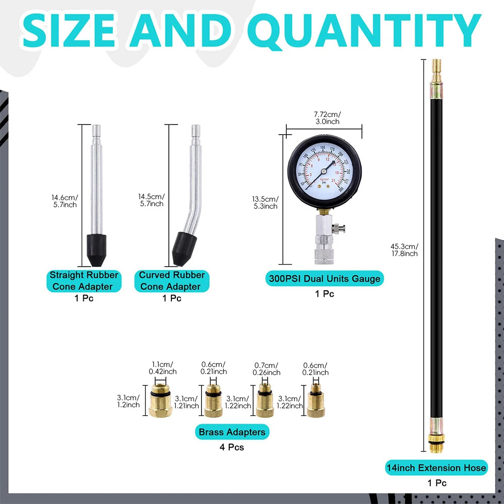Podofo 8PCS Petrol Engine Cylinder Pressure Gauge 0-300PSI Automotive Compression Tester with Adapters for Vehicle Motorcycle