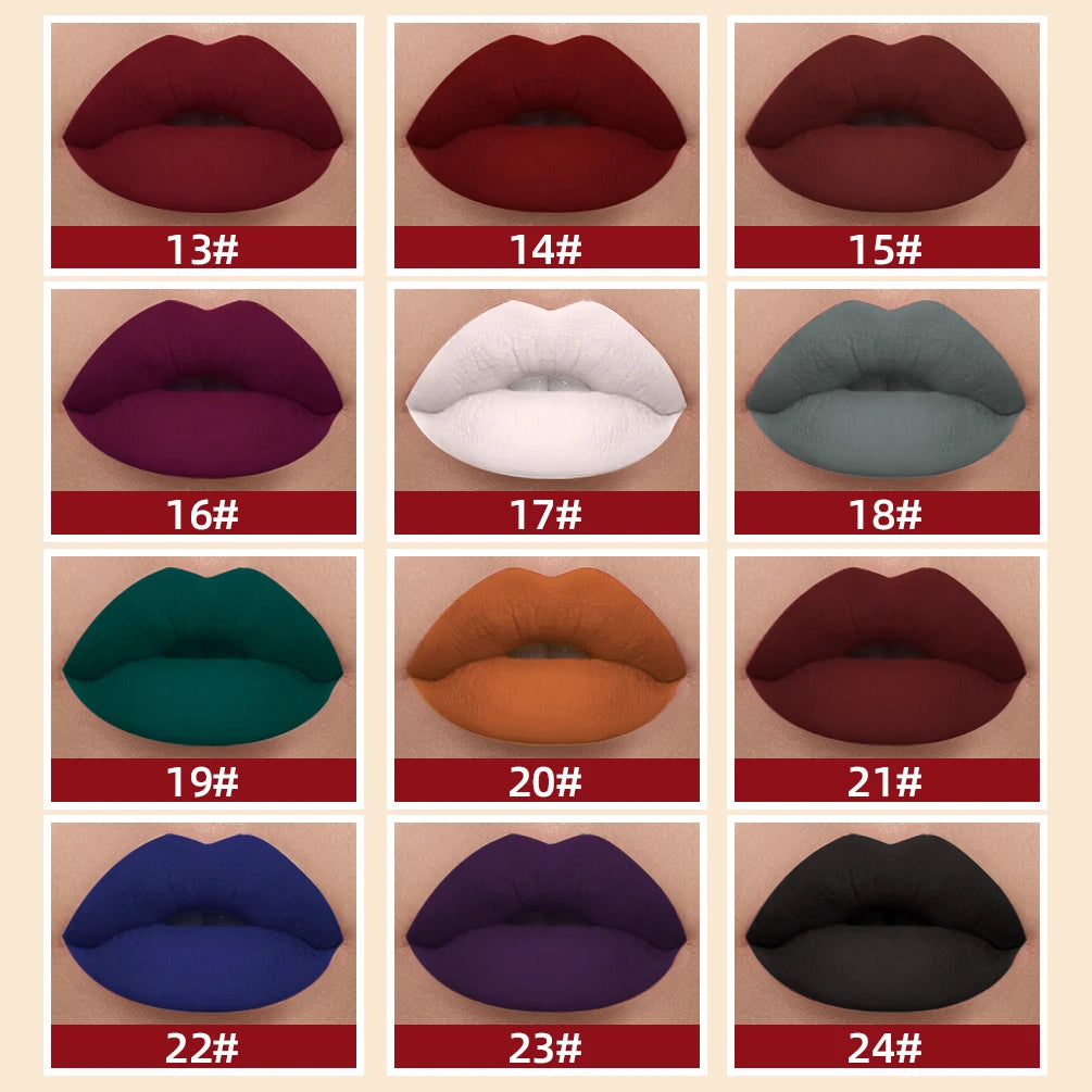 Long-lasting matte liquid lipstick set featuring 12 vibrant velvet shades, from classic red to bold, nonstick colors.