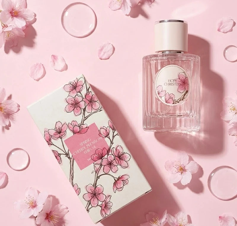 Oriental Cherry Blossom perfume in clear glass bottle and floral box on pink background with Sakura petals.